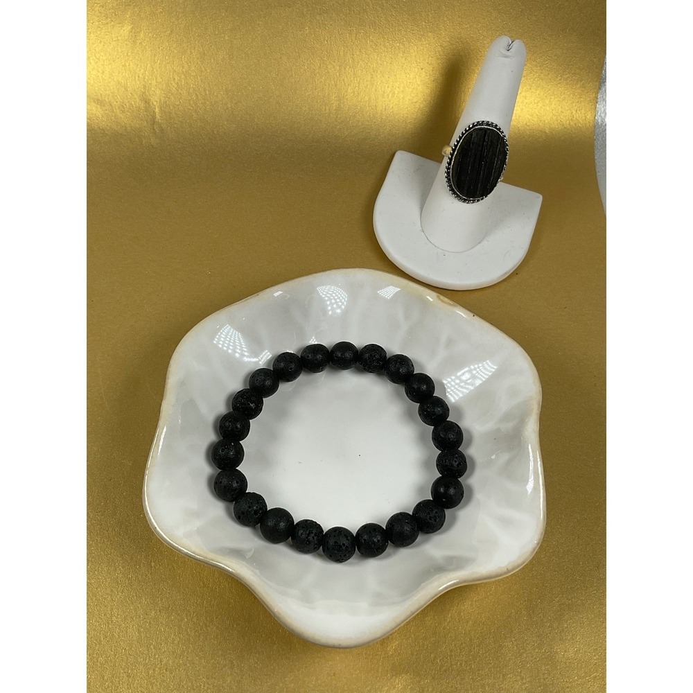 Black Tourmaline Sterling‎ Silver Ring & Lava Stone Beaded StretchBracelet